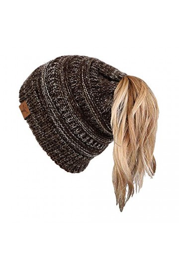 soul young Bonnet Femme Tricot Queue de Cheval Hiver Câble Chapeau avec Trou Messy Bun Beanie Chignon Hat Taille Unique, Lot 