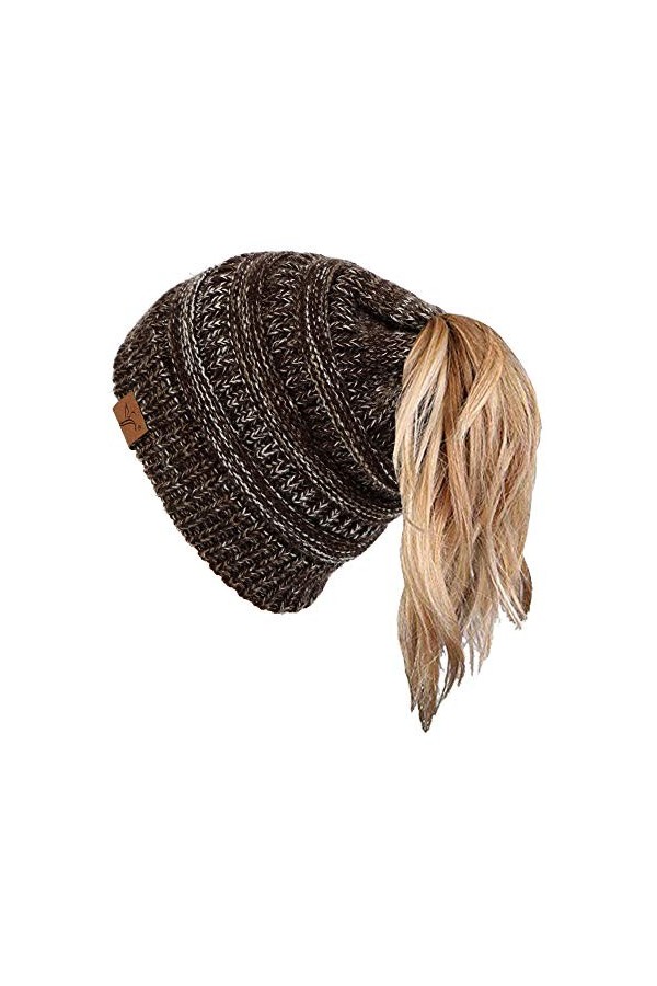 soul young Bonnet Femme Tricot Queue de Cheval Hiver Câble Chapeau avec Trou Messy Bun Beanie Chignon Hat Taille Unique, Lot 