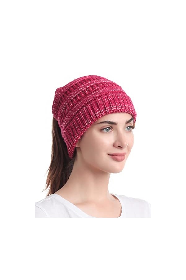 soul young Bonnet Femme Tricot Queue de Cheval Hiver Câble Chapeau avec Trou Messy Bun Beanie Chignon Hat Taille Unique, Lot 