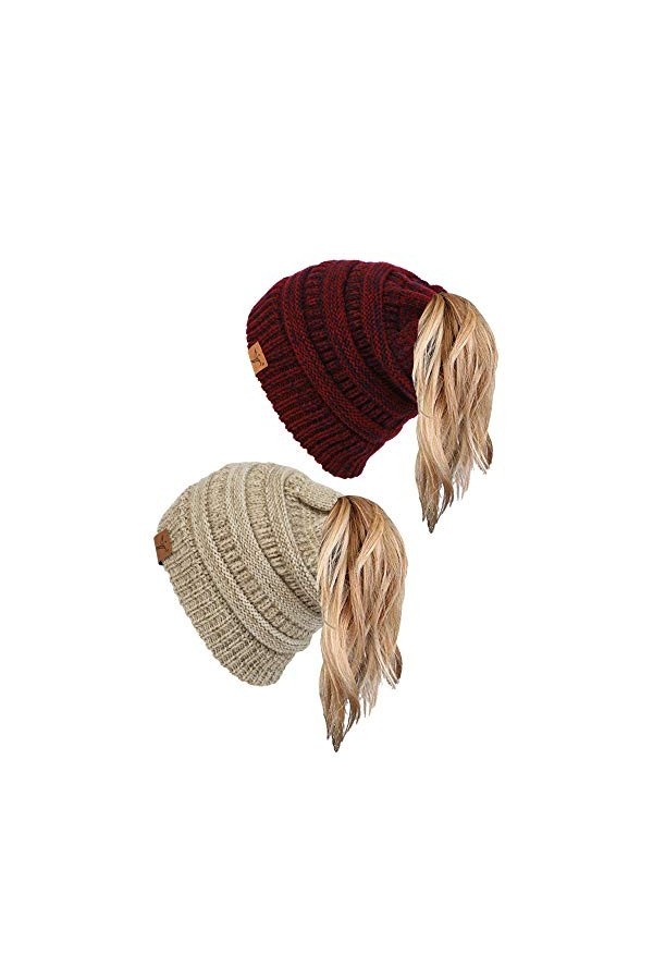 soul young Bonnet Femme Tricot Queue de Cheval Hiver Câble Chapeau avec Trou Messy Bun Beanie Chignon Hat Taille Unique, Lot 