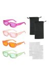 4 lunettes à monture carrée avec 2 chiffons à lunettes, 2 sacs à lunettes, lunettes de soleil rétro, lunettes colorées à la m
