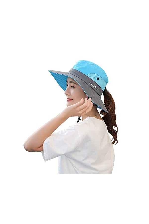 NPQQUAN Lot de 1 et 2 chapeaux bob pour queue de cheval de 7,6 cm à large bord UPF 50+ pour la pêche, la plage et le soleil, 