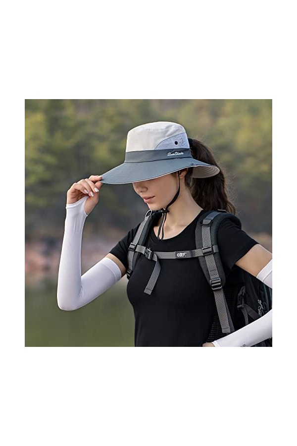 NPQQUAN Lot de 1 et 2 chapeaux bob pour queue de cheval de 7,6 cm à large bord UPF 50+ pour la pêche, la plage et le soleil, 