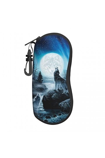 AOOEDM Lunettes de soleil étuis souples avec clip de ceinture étui à lunettes portable loup hurlant pleine lune ciel étoilé n