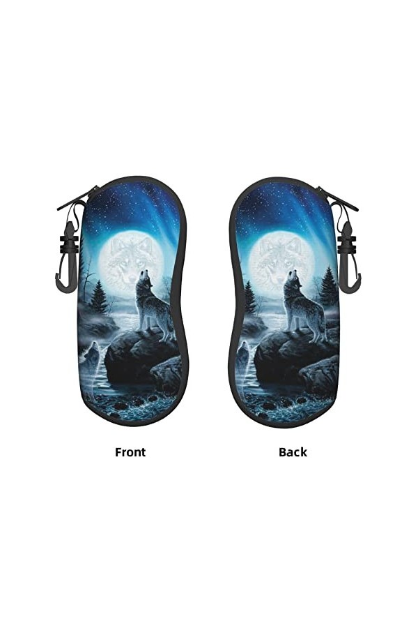 AOOEDM Lunettes de soleil étuis souples avec clip de ceinture étui à lunettes portable loup hurlant pleine lune ciel étoilé n