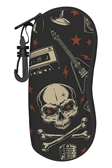 AOOEDM Rock Music Skull Guitar Étui à lunettes Étui à lunettes portable souple avec clip de ceinture Zipper Sac de lunettes d