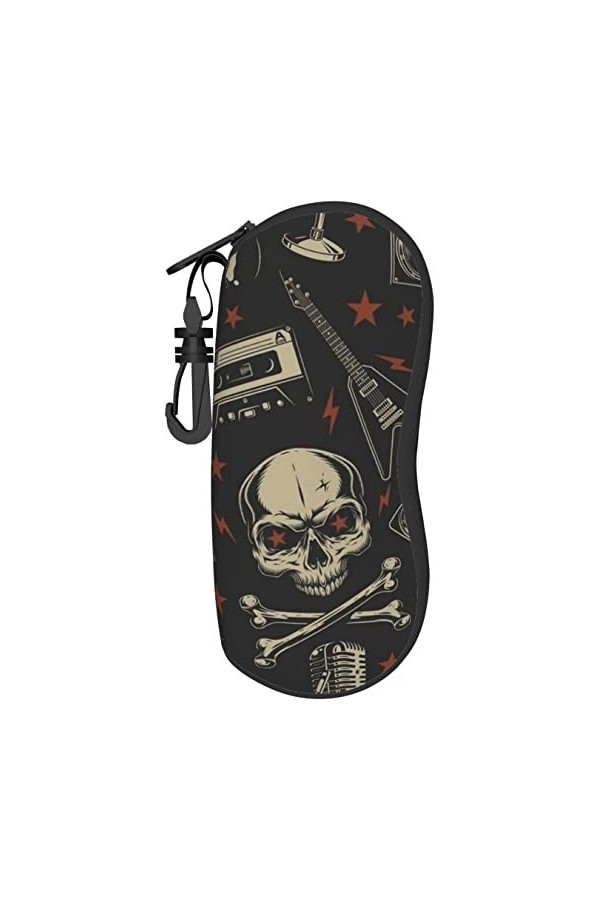 AOOEDM Rock Music Skull Guitar Étui à lunettes Étui à lunettes portable souple avec clip de ceinture Zipper Sac de lunettes d