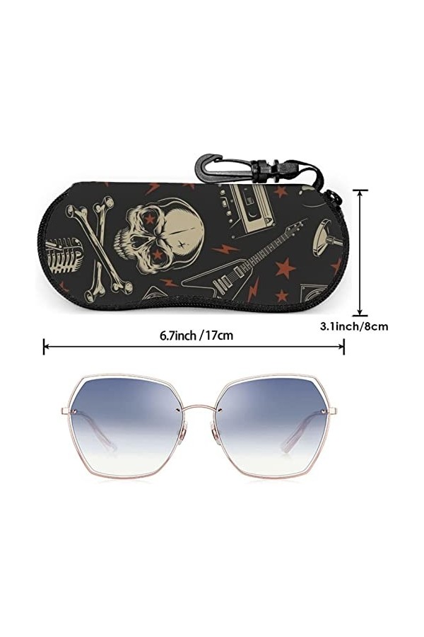AOOEDM Rock Music Skull Guitar Étui à lunettes Étui à lunettes portable souple avec clip de ceinture Zipper Sac de lunettes d