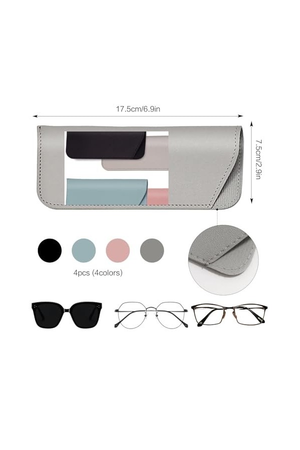 YINLER Lot de 4 étuis à lunettes en cuir synthétique souple pour homme et femme - Anti-rayures noir, gris, bleu clair, rose