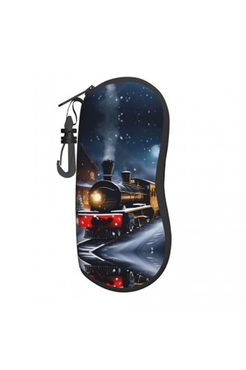 Grand étui à lunettes pour femme avec coque rigide pour lhiver, Noël, nuit de neige, train ferroviaire – Parfait pour les vo