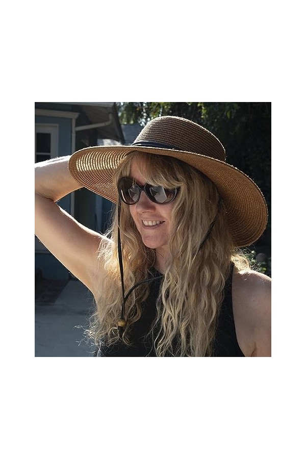 Sloggers Chapeau de Soleil tressé à Large Bord avec Cordon Coupe-Vent – Protection Solaire maximale UPF 50+ Marron foncé