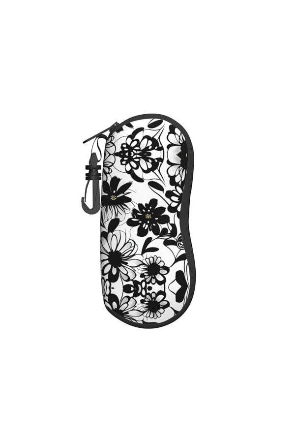Grand étui à lunettes avec coque rigide pour femme Motif fleurs noires et blanches, noir, taille unique