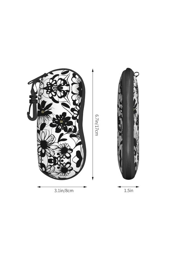 Grand étui à lunettes avec coque rigide pour femme Motif fleurs noires et blanches, noir, taille unique