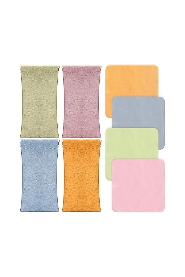 WanderGo Lot de 4 étuis à lunettes souples en cuir synthétique pour femme avec 4 chiffons de nettoyage, étui à lunettes de so