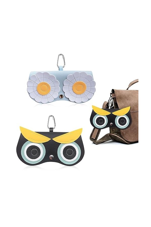 Irikdescia® Lot de 2 étuis à lunettes à suspendre - Style hibou - Fleur bleue - Portable