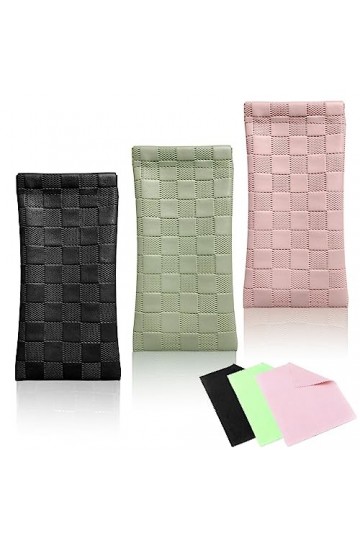 NCOALE Lot de 3 étuis à lunettes souples en cuir synthétique avec 3 chiffons de nettoyage pour lunettes de soleil noir, vert