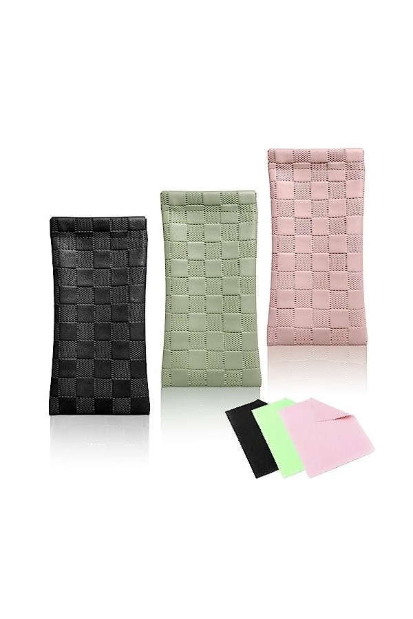 NCOALE Lot de 3 étuis à lunettes souples en cuir synthétique avec 3 chiffons de nettoyage pour lunettes de soleil noir, vert