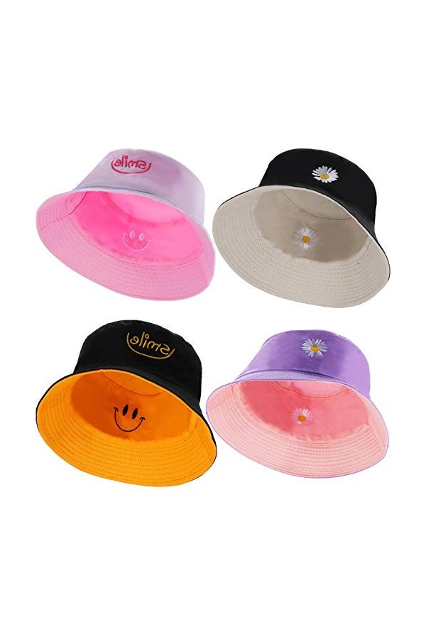 Lot de 4 chapeaux réversibles avec motif floral souriant pour lété et les voyages