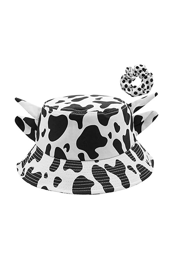 HUKTOR Chapeau bob unisexe imprimé vache en coton avec oreilles de corne mignonnes pour lété, la plage, le soleil, le pêcheu