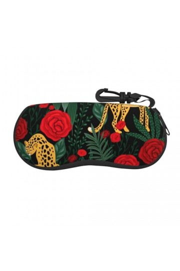 SATUSA Étui à lunettes à fermeture éclair imprimé léopard et roses, pochette souple pour lunettes de soleil, étui de voyage p
