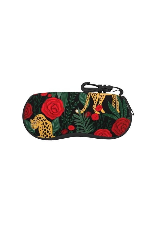 SATUSA Étui à lunettes à fermeture éclair imprimé léopard et roses, pochette souple pour lunettes de soleil, étui de voyage p