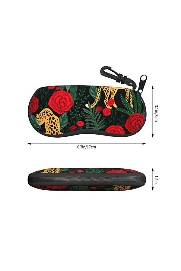 SATUSA Étui à lunettes à fermeture éclair imprimé léopard et roses, pochette souple pour lunettes de soleil, étui de voyage p