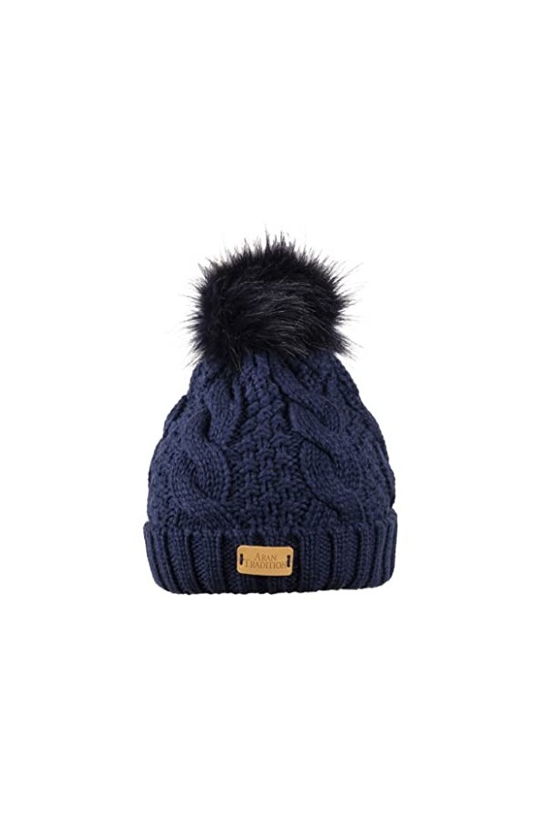 Aran Traditions Navy Blue Cable Knit Pom Pom Bobble Hat
