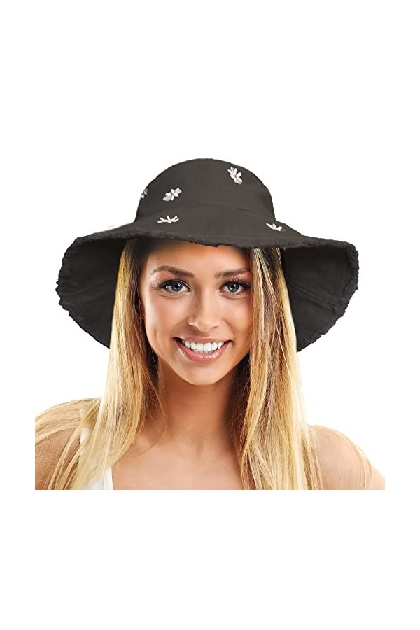 TOSKATOK Chapeau de Soleil Seau Chapeau de p�cheur en Coton lav� UPF 50+ pour Femme avec Motifs de Marguerites Brod�s, visi�r