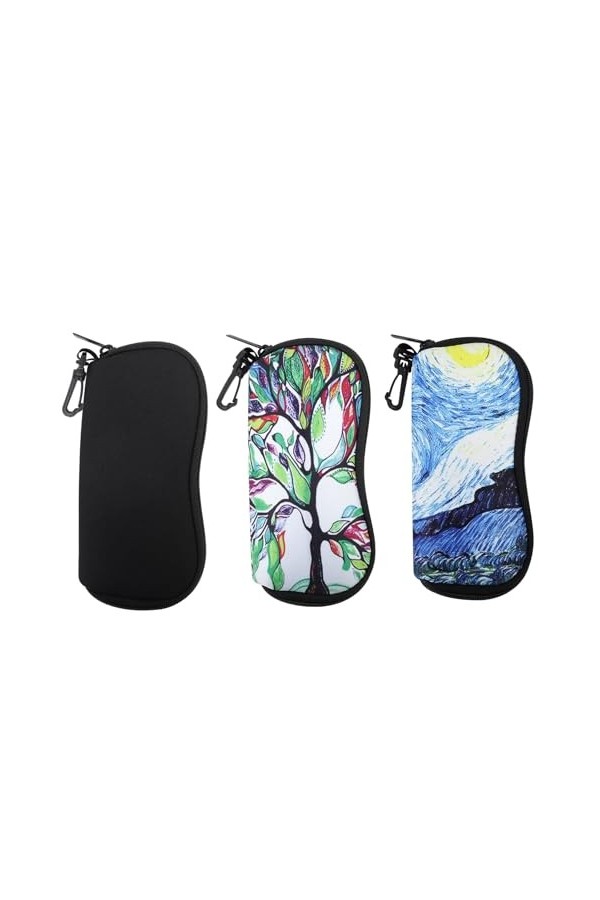 ANLIOTO Lot de 3 étuis à lunettes ultra légers en néoprène avec fermeture éclair avec crochet, étui résistant aux rayures sou