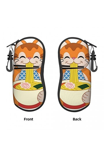 Étui souple en néoprène avec clip de ceinture pour lunettes de soleil - Motif chat mangeant des nouilles de ramen - Fermeture
