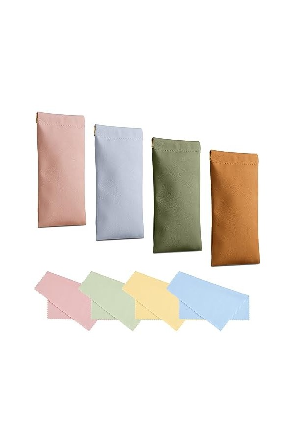 Kememo Lot de 4 étuis à lunettes en cuir souple, étui portable à presser pour lunettes de soleil étanche avec chiffon de nett
