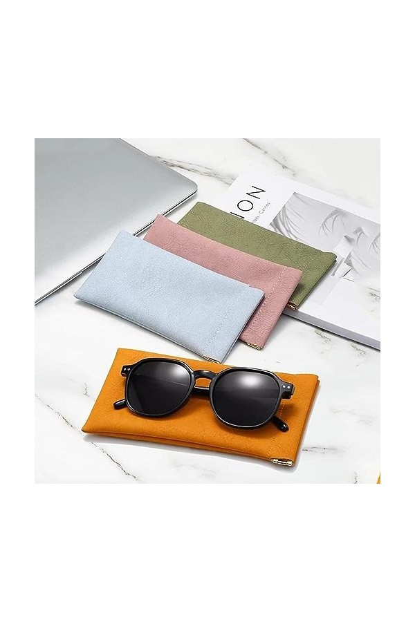Kememo Lot de 4 étuis à lunettes en cuir souple, étui portable à presser pour lunettes de soleil étanche avec chiffon de nett