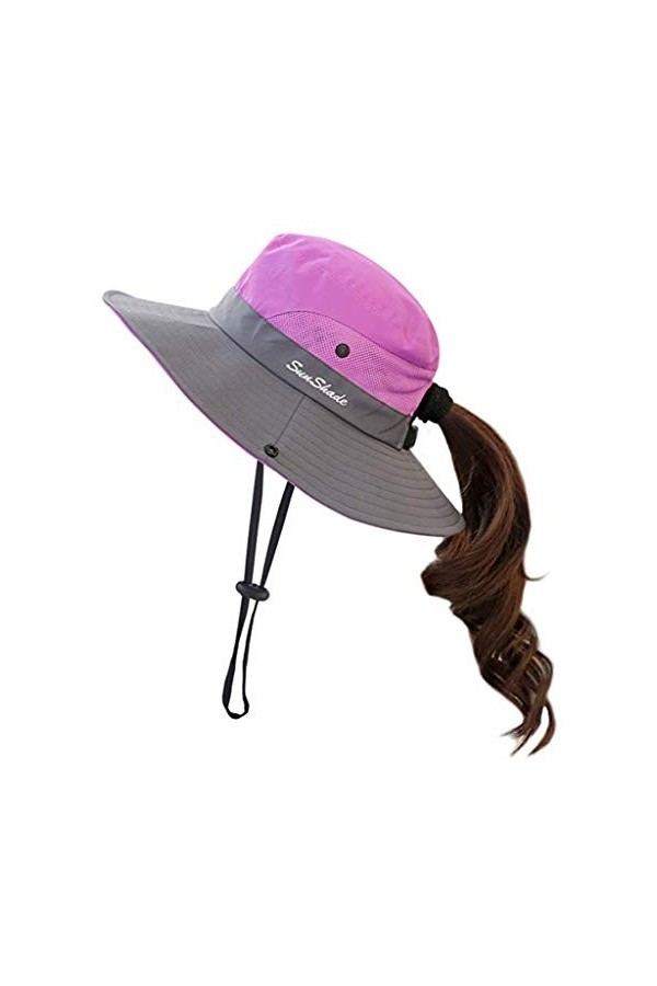 Fueerton Chapeau dété en maille à large bord pour femme avec trou pour queue de cheval Violet, violet, Taille Unique