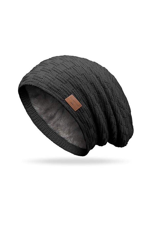 Grin&Bear M10 Bonnet long type beanie à gros tricot et polaire éponge - Noir - Taille Unique
