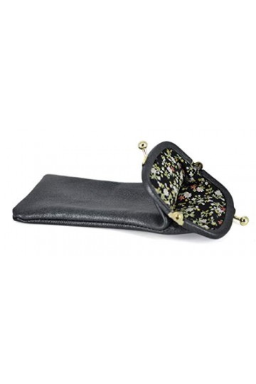 ATIPIX Etui à lunettes de vue ou de soleil - Cuir dagneau, souple et doux intérieur tissu type Liberty - Noir métallisé C