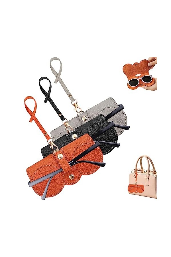 Winuoyang Lot de 3 étuis à lunettes de soleil en cuir souple - Étui portable pour lunettes de soleil - Avec lanière - Pour ho
