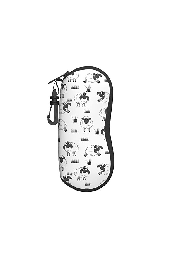 Étui à lunettes ultra léger et pratique avec fermeture éclair Motif mouton et herbe, Noir , taille unique