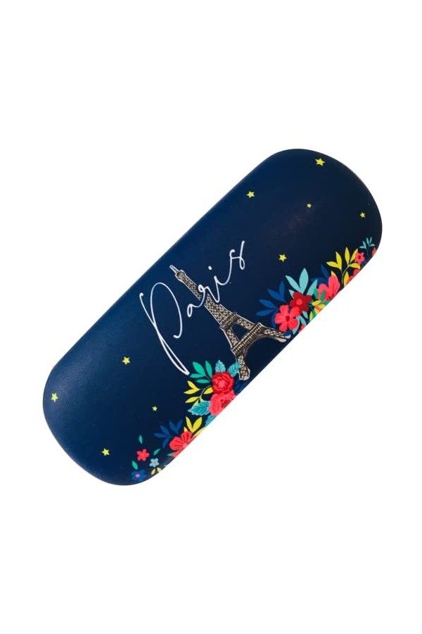 KIUB Etui à lunettes rigide - Motif Paris en fleurs avec la Tour Eiffel - couleur bleu marine