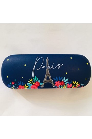 KIUB Etui à lunettes rigide - Motif Paris en fleurs avec la Tour Eiffel - couleur bleu marine