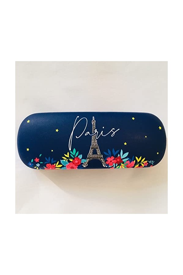 KIUB Etui à lunettes rigide - Motif Paris en fleurs avec la Tour Eiffel - couleur bleu marine