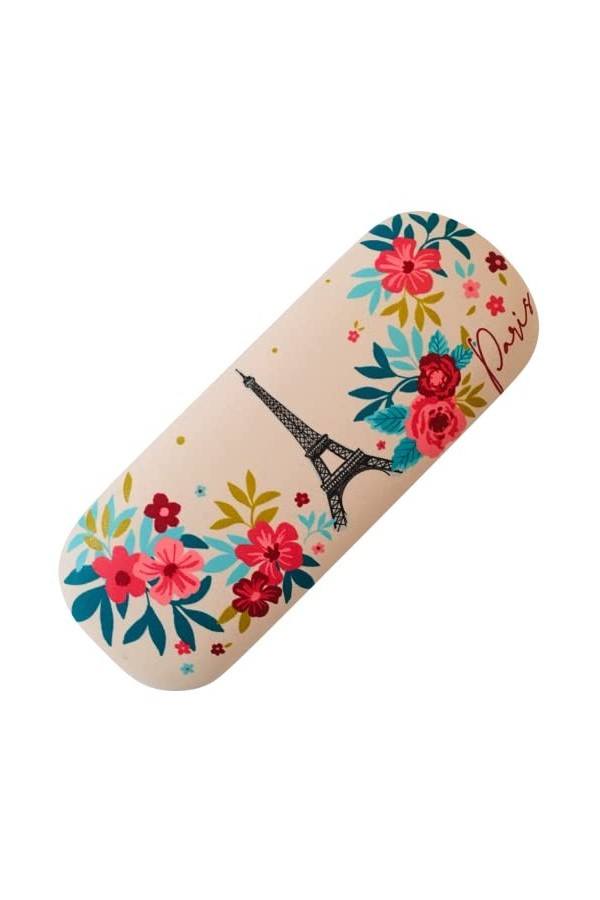 KIUB Etui à lunettes rigide - Motif Paris en fleurs avec la Tour Eiffel - couleur rose Beige
