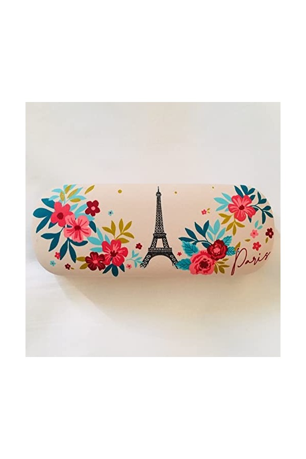 KIUB Etui à lunettes rigide - Motif Paris en fleurs avec la Tour Eiffel - couleur rose Beige