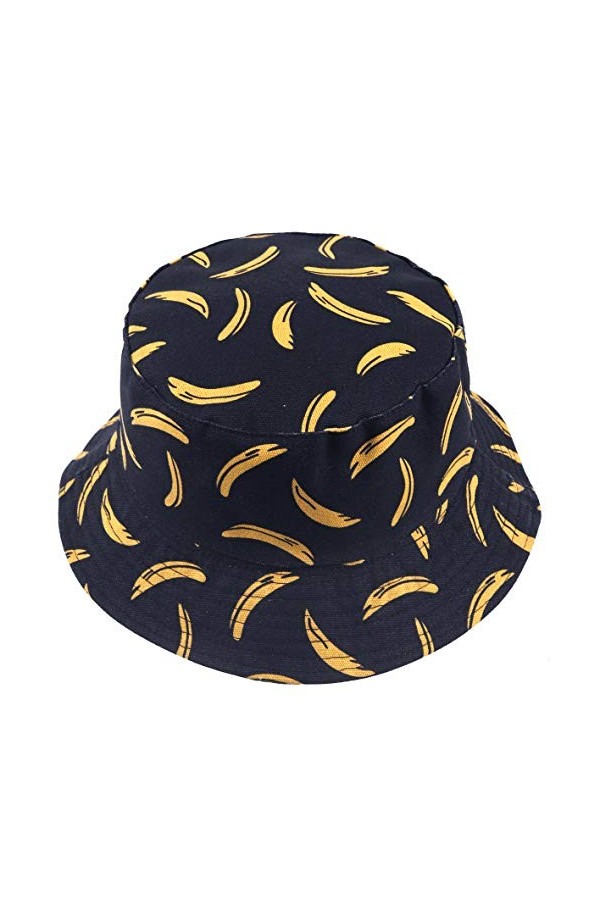 Femmes Bobs Fruit Imprimé Réversible Seau Chapeau Hommes Soleil Pêcheur Dehors Casquette Banane-Noir 