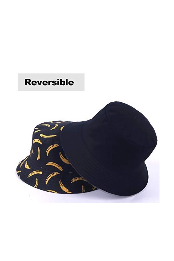 Femmes Bobs Fruit Imprimé Réversible Seau Chapeau Hommes Soleil Pêcheur Dehors Casquette Banane-Noir 