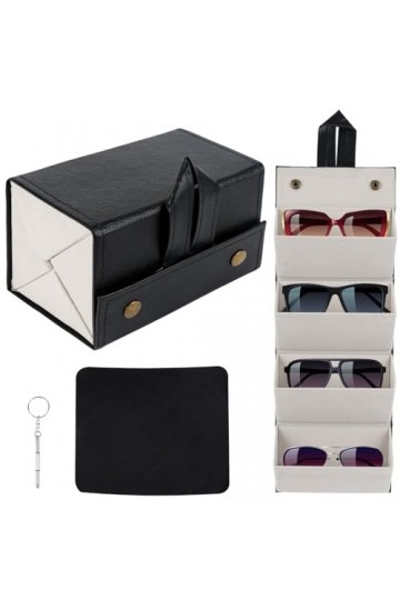 JABNOW Boîte à lunettes, PU Étui à Lunettes de Soleil à 4 Fentes, Organisateur de Lunettes Pliable de voyage, avec un chiffon