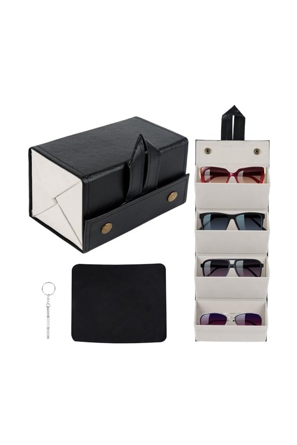 JABNOW Boîte à lunettes, PU Étui à Lunettes de Soleil à 4 Fentes, Organisateur de Lunettes Pliable de voyage, avec un chiffon