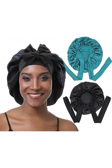 EBONNT 2Pcs Bonnet Satin Cheveux Nuit Bonnet en Soie pour Femmes Cheveux naturels Taille de tête Ajustable Bonnet de Nuit pou