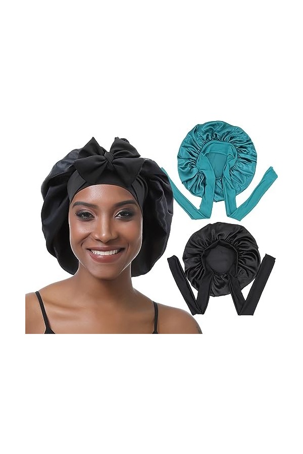 EBONNT 2Pcs Bonnet Satin Cheveux Nuit Bonnet en Soie pour Femmes Cheveux naturels Taille de tête Ajustable Bonnet de Nuit pou