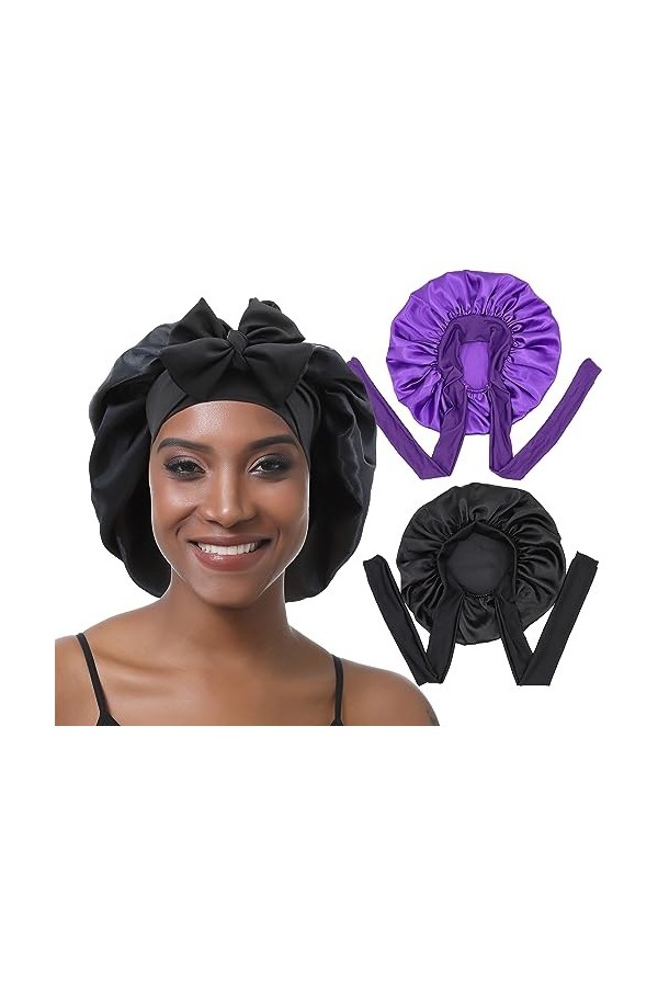 EBONNT 2Pcs Bonnet Satin Cheveux Nuit Bonnet en Soie pour Femmes Cheveux naturels Taille de tête Ajustable Bonnet de Nuit pou
