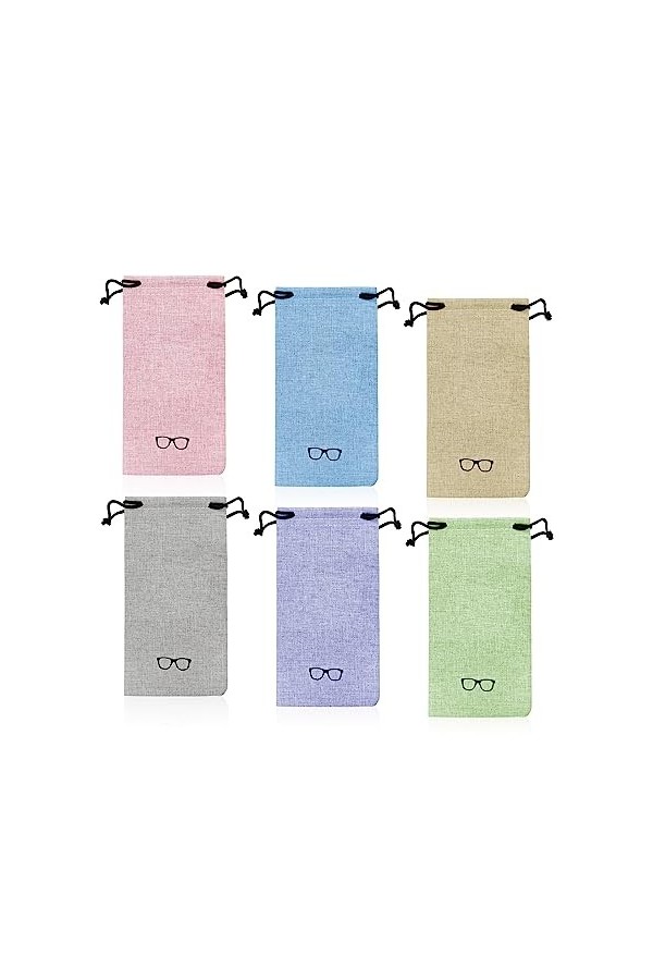 MultiValue Lot de 6 étuis à lunettes souples en lin avec cordon de serrage étanche et portable pour femme et homme, 6 couleur